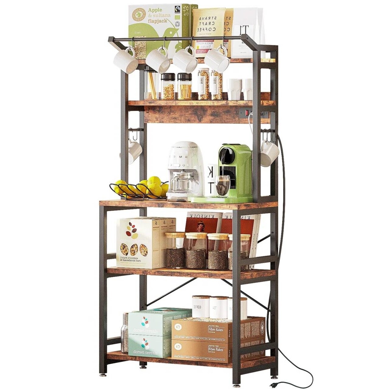 Brown Iron-Wooden Baker’s Rack with 3 Storage Shelves and Microwave Stand for Kitchen or Office